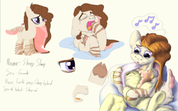 Size: 2304x1440 | Tagged: safe, artist:firefanatic, base used, character:fluttershy, oc, oc:sleepy sheep, species:pony, bags under eyes, close-up, cloven hooves, cuddling, cushion, cute, description is relevant, diagram, fluffy, long mane, nuzzling, singing, sleepy, smiling, soft, stripes, yawn