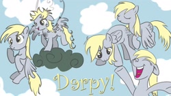 Size: 2128x1200 | Tagged: safe, artist:bunnimation, character:derpy hooves, species:pegasus, species:pony, episode:the last roundup, g4, my little pony: friendship is magic, cloud, cloudy, cutie mark, electrocution, eyes closed, female, floppy ears, flying, happy, hooves, i just don't know what went wrong, injured, mare, on a cloud, open mouth, photoshop, solo, spread wings, stormcloud, teeth, text, wings, yellow text