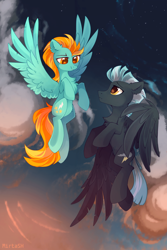 Size: 1920x2881 | Tagged: safe, artist:mirtash, rcf community, character:lightning dust, character:thunderlane, species:pegasus, species:pony, cloud, cloudy, cutie mark, female, flying, looking at each other, male, mare, shipping, sky, stallion, stars, straight, thunderdust