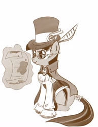 Size: 2550x3300 | Tagged: safe, artist:bunnimation, character:twilight sparkle, species:pony, species:unicorn, cape, clothing, female, glasses, hat, high res, magic, mare, monochrome, photoshop, simple background, sitting, solo, steampunk, tail wrap, top hat, white background