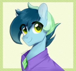 Size: 960x892 | Tagged: safe, artist:kaikururu, oc, oc only, oc:early solstice, species:pegasus, species:pony, abstract background, amulet, cape, clothing, jewelry, looking at you, male, pegasus oc, simple background, smiley face, smiling, solo, stallion