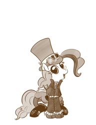 Size: 638x825 | Tagged: safe, artist:bunnimation, character:pinkie pie, species:earth pony, species:pony, clothing, dress, female, goggles, hat, mare, monochrome, photoshop, simple background, sitting, solo, steampunk, top hat, white background