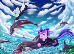 Size: 6300x4550 | Tagged: safe, artist:darksly, character:sea swirl, oc, oc:eula phi, species:pony, species:unicorn, background pony, cloud, cloudy, commission, dolphin, duo, female, mare, ocean, sky