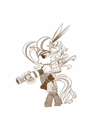 Size: 2550x3300 | Tagged: safe, artist:bunnimation, character:trixie, species:pony, species:unicorn, bipedal, clothing, female, gun, handgun, hat, high res, mare, monochrome, photoshop, revolver, simple background, solo, steampunk, weapon, white background