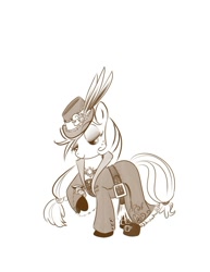 Size: 638x825 | Tagged: safe, artist:bunnimation, character:applejack, species:earth pony, species:pony, g4, classy, clothing, dress, feather, female, mare, monochrome, photoshop, simple background, solo, steampunk, watch, white background