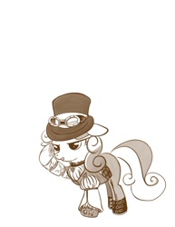 Size: 638x825 | Tagged: safe, artist:bunnimation, character:sweetie belle, species:pony, species:unicorn, clothing, female, filly, goggles, hat, monochrome, photoshop, raised hoof, simple background, solo, steampunk, top hat, white background