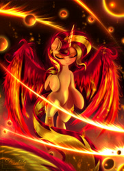 Size: 4550x6300 | Tagged: safe, artist:darksly, character:sunset shimmer, species:alicorn, species:pony, alicornified, commission, digital art, eyes closed, female, fiery shimmer, fire, mare, race swap, shimmercorn, solo, sunset phoenix, sunshine shimmer