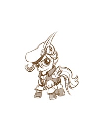 Size: 638x825 | Tagged: safe, artist:bunnimation, character:scootaloo, species:pegasus, species:pony, g4, clothing, feather, female, filly, hat, monochrome, photoshop, simple background, solo, steampunk, white background