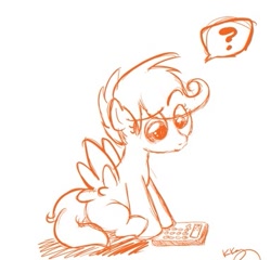 Size: 383x368 | Tagged: safe, artist:bunnimation, character:scootaloo, species:pegasus, species:pony, g4, calculator, confused, female, filly, lineart, monochrome, photoshop, question mark, request, simple background, sitting, solo