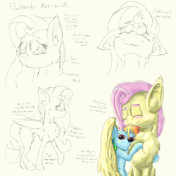 Size: 4320x4320 | Tagged: safe, artist:firefanatic, character:fluttershy, character:rainbow dash, species:pony, chest fluff, cute, ear fluff, fluffy, hug, redesign, size difference, smiling, smoldash, tallershy, winghug, writing
