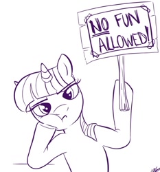 Size: 638x685 | Tagged: safe, artist:bunnimation, character:twilight sparkle, character:twilight sparkle (unicorn), species:pony, species:unicorn, g4, female, lineart, looking at you, mare, monochrome, no fun allowed, photoshop, reaction image, sign, simple background, solo
