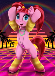 Size: 4550x6300 | Tagged: safe, artist:darksly, character:pacific glow, species:earth pony, species:pony, episode:the saddle row review, g4, my little pony: friendship is magic, 80s, belly button, bipedal, cute, digital art, ear fluff, female, glowbetes, leg warmers, mare, open mouth, outrun, pacifier, palm tree, rainbow, smiling, solo, tree, vaporwave