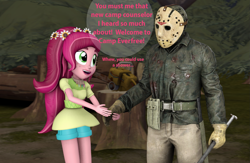 Size: 1651x1077 | Tagged: safe, artist:pika-robo, character:gloriosa daisy, my little pony:equestria girls, camp everfree, clothing, dialogue, forest, friday the 13th, gloves, hockey mask, jason voorhees, mask, spear, speech bubble, text, this will end in death, this will end in tears, this will end in tears and/or death, too dumb to live, weapon
