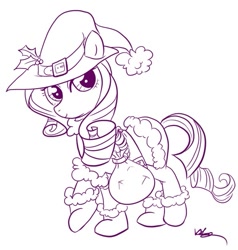Size: 511x536 | Tagged: safe, artist:bunnimation, character:rarity, species:pony, species:unicorn, g4, clothing, dress, female, hat, holly, mare, monochrome, photoshop, request, sack, santa hat, santa sack, simple background, solo