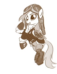 Size: 638x825 | Tagged: safe, artist:bunnimation, character:derpy hooves, species:pony, aviator hat, bomber jacket, boots, clothing, female, flying, goggles, hat, mare, monochrome, photoshop, simple background, solo, steampunk, white background