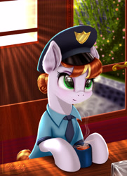 Size: 4550x6300 | Tagged: safe, artist:darksly, character:copper top, species:earth pony, species:pony, g4, absurd resolution, cafe, commission, cup, cute, door, drink, ear fluff, female, mare, police officer, reward, sitting, smiling, solo, table