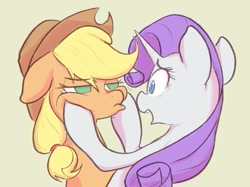Size: 2048x1534 | Tagged: safe, artist:noupu, character:applejack, character:rarity, species:earth pony, species:pony, species:unicorn, applejack's hat, clothing, cowboy hat, crying, duo, eye contact, female, hat, hooves on cheeks, looking at each other, mare, not amused face, simple background