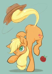 Size: 634x900 | Tagged: safe, artist:noupu, character:applejack, species:earth pony, species:pony, apple, applejack's hat, clothing, cowboy hat, food, freckles, green eyes, hat, simple background, trick