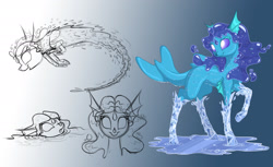Size: 2173x1333 | Tagged: safe, alternate version, artist:sirzi, oc, oc only, species:deer, bubble, doe, dolphin tail, elemental, female, fins, fish tail, glowing eyes, gradient background, ice, magic, original species, puddle, sketch, sketch dump, smiling, solo, splash, vitrung, water, water elemental, water mane, white eyes