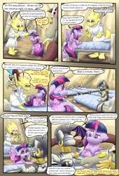 Size: 2160x3168 | Tagged: safe, artist:firefanatic, character:discord, character:twilight sparkle, character:twilight sparkle (alicorn), character:zecora, species:alicorn, species:pony, comic:friendship management, alphys, bed, blindfold, comic, dialogue, undertale, what is hoo-man