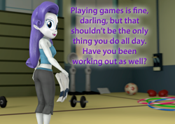 Size: 1514x1073 | Tagged: safe, artist:pika-robo, character:rarity, my little pony:equestria girls, 3d, ass, boobs and butt pose, butt, fitness, gym, looking back, purple text, rearity, source filmmaker, talking to viewer, text, towel, wii fit trainer