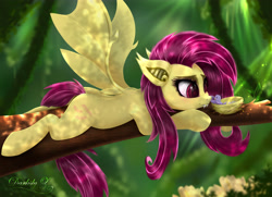 Size: 5230x3778 | Tagged: safe, artist:darksly, character:flutterbat, character:fluttershy, species:bat pony, species:bird, species:pony, bat ponified, cute, dappled sunlight, female, forest, mare, nest, prone, race swap, shyabates, shyabetes, smiling, solo, tree branch