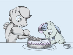 Size: 1800x1350 | Tagged: safe, artist:sirzi, character:bon bon, character:sweetie drops, oc, species:earth pony, species:pony, bipedal, cake, cake decorating, food, hoof hold, male, stallion, tasting