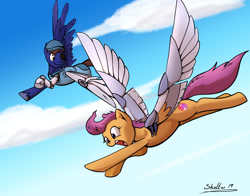 Size: 1920x1505 | Tagged: safe, artist:shieltar, character:scootaloo, oc, species:pegasus, species:pony, amputee, artificial wings, augmented, eyepatch, flying, male, mechanical wing, older, prosthetic limb, prosthetic wing, prosthetics, scootaloo can fly, stallion, wings