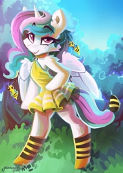 Size: 1280x1799 | Tagged: safe, artist:saxopi, character:princess celestia, species:alicorn, species:pony, animal costume, bee, bee costume, bipedal, clothing, costume, cute, cutelestia, dress, ear fluff, female, halloween, halloween costume, holiday, insect, mare, semi-anthro, solo