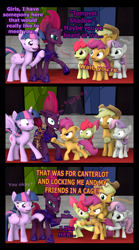 Size: 1828x3278 | Tagged: safe, artist:pika-robo, character:apple bloom, character:applejack, character:fizzlepop berrytwist, character:scootaloo, character:sweetie belle, character:tempest shadow, character:twilight sparkle, character:twilight sparkle (alicorn), species:alicorn, species:earth pony, species:pegasus, species:pony, species:unicorn, my little pony: the movie (2017), 3 panel comic, 3d, angry, callback, comic, cutie mark crusaders, descriptive noise, female, filly, good sport, grudge, holding back, justifiably mad, karma, meeting, orange text, parody, punch, purple text, reality ensues, scene parody, source filmmaker, tempestbuse, thor the dark world, treason