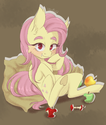 Size: 1700x2000 | Tagged: safe, artist:silbersternenlicht, character:flutterbat, character:fluttershy, species:bat pony, species:pony, apple, apple core, bat ponified, cheek fluff, chest fluff, cute, cute little fangs, ear fluff, fangs, female, folded wings, food, looking at you, mare, on back, race swap, raised hoof, red eyes, sitting, smiling, solo, three quarter view, underhoof, wings