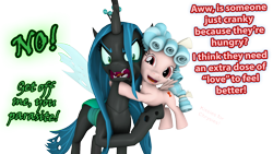 Size: 1920x1080 | Tagged: safe, artist:pika-robo, character:cozy glow, character:queen chrysalis, species:changeling, species:pegasus, species:pony, 3d, angry, changeling queen, cozybetes, cute, cutealis, denied, dialogue, duo, duo female, female, filly, flying, foal, friendshipping, green text, hape, hug, hugs for bugs, madorable, mare, no, not shipping, pink text, rejection, simple background, source filmmaker, transparent background