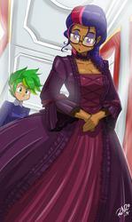 Size: 1920x3217 | Tagged: safe, artist:shonuff44, character:spike, character:twilight sparkle, species:human, alternate hairstyle, breasts, busty twilight sparkle, cleavage, clothing, dark skin, dress, female, glasses, humanized, indoors, looking back, male, victorian