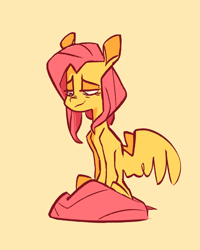 Size: 1271x1589 | Tagged: safe, artist:fluttershythekind, character:fluttershy, species:pegasus, species:pony, female, lidded eyes, looking away, looking down, mare, simple background, sitting, solo, spread wings, three quarter view, upset, wings