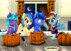Size: 9046x6441 | Tagged: safe, artist:darksly, character:rainbow dash, oc, species:pegasus, species:pony, species:unicorn, choker, clothing, commission, counter, crescent moon, curtains, female, halloween, holiday, kitchen, knife, maid, male, mare, moon, night, pumpkin, stallion, tree, window