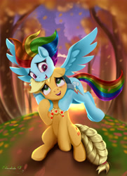 Size: 4550x6300 | Tagged: safe, artist:darksly, character:applejack, character:rainbow dash, species:earth pony, species:pegasus, species:pony, ship:appledash, episode:the last problem, g4, my little pony: friendship is magic, blushing, cutie mark, female, floppy ears, flying, happy, lesbian, looking at you, mare, older, older applejack, older rainbow dash, shipping, sitting, smiling, spread wings, tree, wings