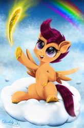 Size: 2929x4464 | Tagged: safe, artist:darksly, character:princess celestia, character:scootaloo, species:pegasus, species:pony, spoiler:comic, spoiler:comic65, blushing, cloud, cutie mark, feather, female, filly, foal, hooves, horseshoes, on a cloud, open mouth, rainbow, scootaloo can fly, sitting, sitting on a cloud, solo, spread wings, teeth, wings