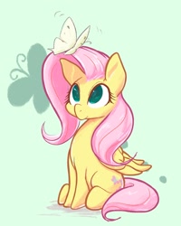 Size: 1636x2048 | Tagged: safe, artist:noupu, character:fluttershy, species:pegasus, species:pony, butterfly, cute, female, folded wings, green background, green eyes, looking at something, looking up, mare, no pupils, shyabetes, simple background, sitting, solo, three quarter view, wings