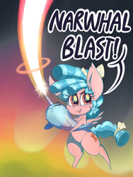 Size: 1500x2000 | Tagged: safe, artist:dragonpone, derpibooru original, character:cozy glow, species:pegasus, species:pony, bipedal, blast, blushing, butt freckles, chest fluff, crossover, dialogue, ear fluff, female, filly, freckles, magic, magic blast, narwhal, open mouth, smiling, solo, star vs the forces of evil