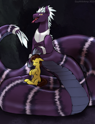 Size: 2212x2895 | Tagged: safe, artist:ampderg, oc, oc:praetura amethyst, oc:terra, species:earth pony, species:lamia, species:pony, duo, forked tongue, male, nightmare night, original species, size difference, stallion, subterranean pony, thick tail, transformation