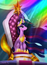 Size: 4550x6300 | Tagged: safe, artist:darksly, character:twilight sparkle, character:twilight sparkle (alicorn), species:alicorn, species:pony, episode:the last problem, g4, my little pony: friendship is magic, absurd resolution, canterlot, crepuscular rays, crown, female, hoof shoes, jewelry, looking up, mare, older, older twilight, peytral, princess twilight 2.0, regalia, solo, throne