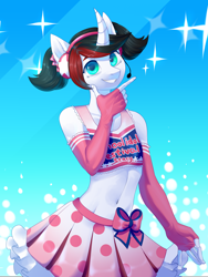 Size: 3096x4126 | Tagged: safe, artist:helemaranth, rcf community, oc, oc only, oc:silver soldier, species:anthro, species:pony, species:unicorn, abstract background, belly button, clothing, crossdressing, curved horn, evening gloves, femboy, fingerless gloves, gloves, headworn microphone, hit or miss, horn, long gloves, male, meme, midriff, pigtails, pleated skirt, skirt, smiling, solo, sports bra, trap, unicorn oc, ych result