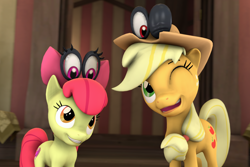 Size: 1616x1077 | Tagged: safe, artist:pika-robo, character:apple bloom, character:applejack, 3d, apple bloom's bow, applejack's hat, bow, cappy (mario), clothing, cowboy hat, crossover, hair bow, hat, looking at each other, one eye closed, siblings, smiling, source filmmaker, super mario bros., super mario odyssey, tiara (mario), wink