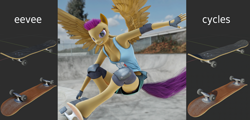 Size: 3735x1800 | Tagged: safe, artist:stellarator, character:scootaloo, species:anthro, species:pegasus, species:pony, species:unguligrade anthro, 3d, action pose, armpits, asset release, blender, bokeh, breasts, cleavage, clothing, cutie mark clothes, cutie mark on clothes, cycles, cycling gloves, dutch angle, elbow pads, female, fingerless gloves, gloves, knee pads, mare, model download, not sfm, older, older scootaloo, rainbow dash's cutie mark, shorts, skate park, skateboard, skateboarding, skaterloo, solo, tank top