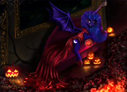 Size: 6300x4550 | Tagged: safe, artist:darksly, character:princess luna, species:alicorn, species:bat pony, species:pony, absurd resolution, bat pony alicorn, bat wings, clothing, couch, cutie mark, digital art, dress, female, halloween, holiday, jack-o-lantern, looking at you, mare, nightmare night, pumpkin, red dress, smiling, solo, wings