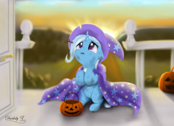 Size: 6300x4550 | Tagged: safe, artist:darksly, character:trixie, species:pony, species:unicorn, cape, clothing, crying, cute, dawwww, diatrixes, digital art, female, filly, filly trixie, floppy ears, hat, sitting, solo, trixie's cape, trixie's hat, younger