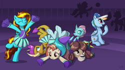 Size: 1920x1080 | Tagged: safe, artist:sirzi, character:lighthoof, character:ocellus, character:rainbow dash, character:shimmy shake, character:smolder, character:yona, oc, oc:ilovekimpossiblealot, species:changeling, species:dragon, species:pegasus, species:pony, species:reformed changeling, species:yak, episode:2-4-6 greaaat, cheerleader, cheerleader ocellus, cheerleader outfit, cheerleader smolder, cheerleader yona, clothing, cloven hooves, coach rainbow dash, cute, diaocelles, dragoness, female, hat, lightorable, mare, pleated skirt, pom pom, shakeabetes, skirt, smolderbetes, whistle, yonadorable