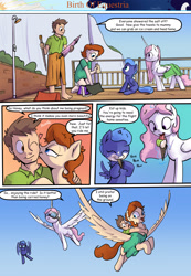 Size: 1280x1853 | Tagged: safe, artist:shieltar, character:princess celestia, character:princess luna, oc, oc:big mark, oc:grace harmony, species:human, species:pony, comic:birth of equestria, bait and switch, cewestia, comic, dialogue, female, filly, flying, food, goggles, ice cream, magic, pink-mane celestia, tower, winged human, woona, younger