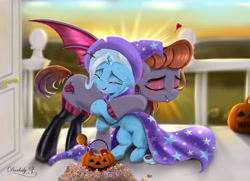 Size: 6300x4550 | Tagged: safe, artist:darksly, character:trixie, oc, species:bat pony, species:pony, species:unicorn, bat pony oc, candy, cape, clothing, crying, cute, diatrixes, digital art, female, filly, filly trixie, food, halloween, hat, holiday, hug, jack-o-lantern, pumpkin, tears of joy, trixie's cape, trixie's hat, younger