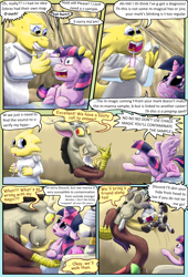 Size: 2160x3168 | Tagged: safe, artist:firefanatic, character:discord, character:twilight sparkle, character:twilight sparkle (alicorn), character:zecora, species:alicorn, species:draconequus, species:pony, species:zebra, comic:friendship management, alphys, comic, dialogue, flapping, hoofy-kicks, needle, syringe, undertale, what is hoo-man